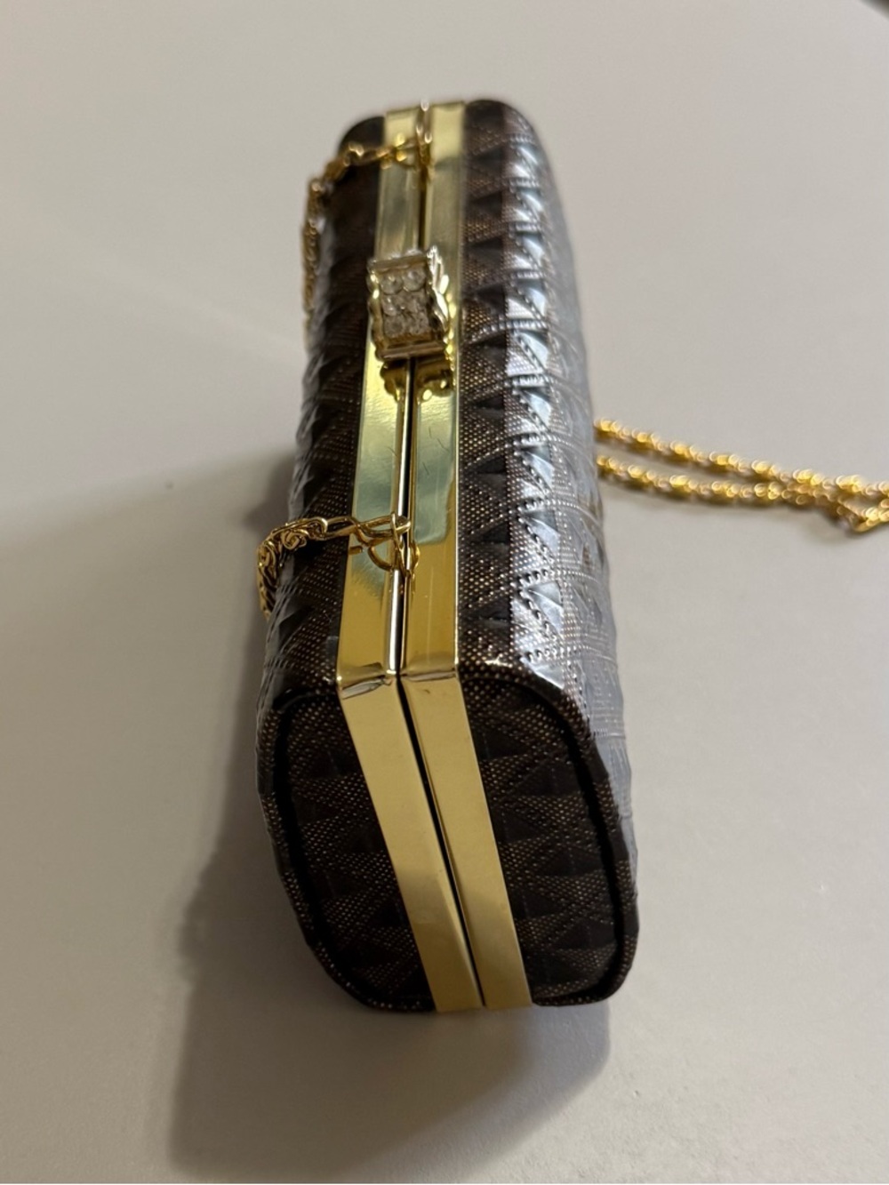 Elegant Brown Textured Evening Clutch with Gold Chain - Picture 4 of 9